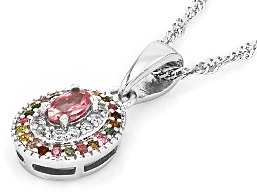 0.26ctw Pink &Multi Tourmaline With 0.10ctw White Zircon Rhodium Over Silver Pendant With Chain