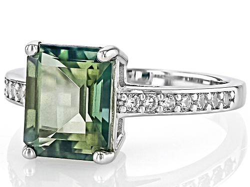 2.68ct Rectangular Octagonal Green Labradorite With .28ctw White Zircon Rhodium Over Silver Ring - Size 9