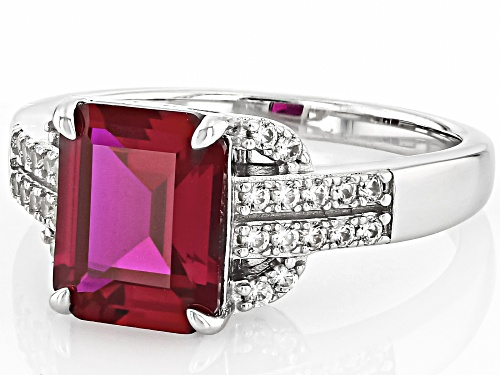 3.50ct Rectangular Octagonal Lab Created Ruby With 0.24ctw White Zircon Rhodium Over Silver Ring - Size 9