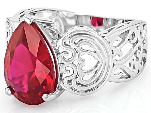 5.20ct Pear Lab Created Ruby Rhodium Over Sterling Silver Solitaire Ring - Size 8