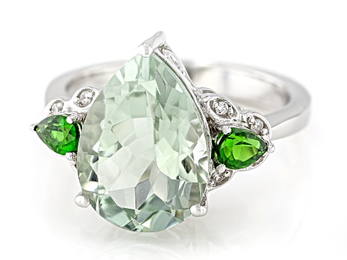 4.28ct Pear Shape Prasiolite, 0.29ctw Chrome Diopside,.07ctw White Zircon Rhodium Over Silver Ring - Size 7