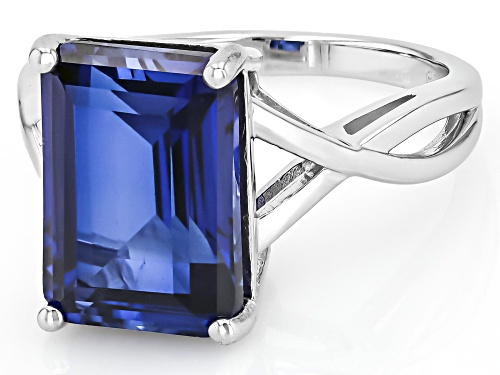 8.37ct Emerald Cut Lab Created Blue Sapphire Rhodium Over Sterling Silver Solitaire Ring - Size 10