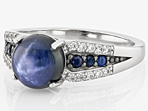 8mm Round Blue Star Sapphire ,.41ctw Blue Sapphire With .26ctw Zircon Rhodium Over Silver Ring - Size 6