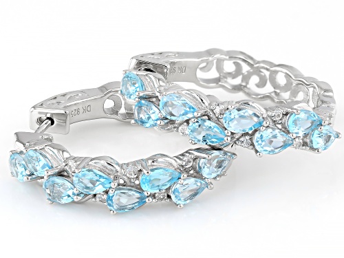 3.67ctw Swiss Blue Topaz With 0.27ctw White Topaz Rhodium Over Sterling Silver Hoop Earrings