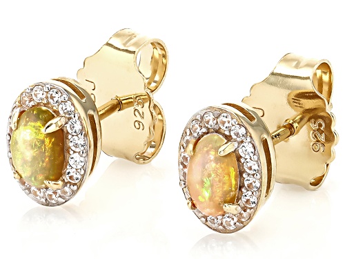 5x3mm Ethiopian Opal, 0.20ctw Zircon 18k Yellow Gold Over Sterling Silver Earrings