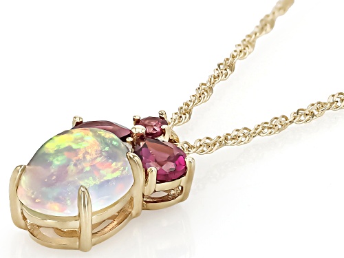 .71ct Ethiopian Opal With .44ctw Rhodolite & .01ctw White Diamond 10k Yellow Gold Pendant With Chain