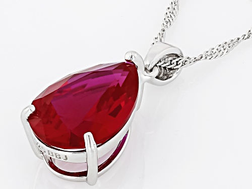 7.08ct Pear Lab Created Ruby Rhodium Over Sterling Silver Pendant With Chain
