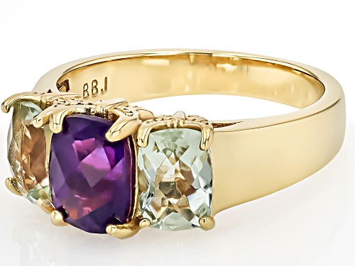 1.31ct African Amethyst With 1.39ctw Prasiolite 18k Yellow Gold Over Sterling Silver 3-Stone Ring - Size 6