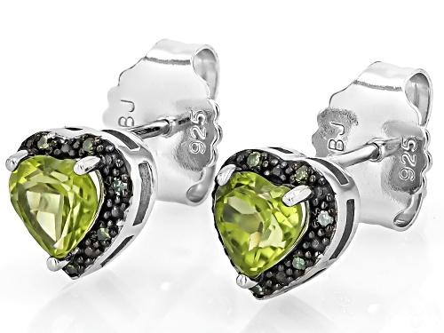 0.88ct Heart Manchurian Peridot™ With 0.03ctw Diamond Accent Rhodium Over Silver Stud Earrings