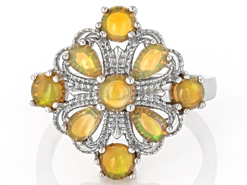 1.08ctw Pear Shape & Round Honey Color Ethiopian Opal Rhodium Over Sterling Silver Ring - Size 7