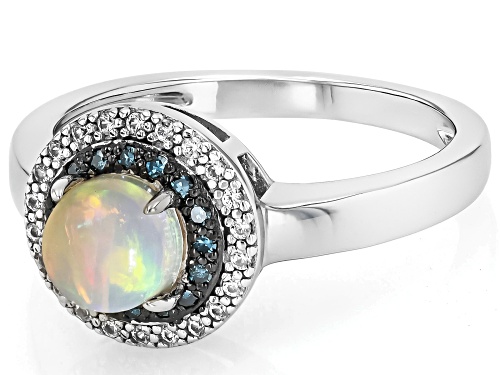0.49ct Ethiopian Opal With 0.07ctw Blue Diamond, 0.11ctw White Zircon Rhodium Over Silver Ring - Size 10