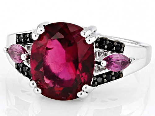 2.80ct Lab Created Bixbite with 0.47ctw Rhodolite and Black Spinel Rhodium Over Sterling Silver Ring - Size 6