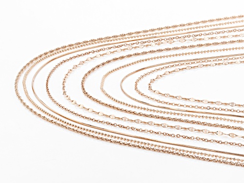 18k Rose Gold Over Silver Diamond Cut Flat Curb, Rolo, Rope, Bead, & Snake 18 & 22 Inch Chain Set