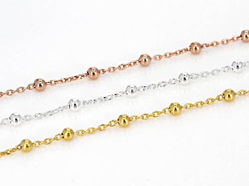 Sterling Silver & 18k Rose & Yellow Gold Over Silver Diamond Cut Cable Bead Station Chain Set Of 3 - Size 20