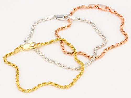 Rhodium & 18k Yellow & Rose Gold Over Sterling Silver Rope Bracelet 7.5 Inch Set Of Three