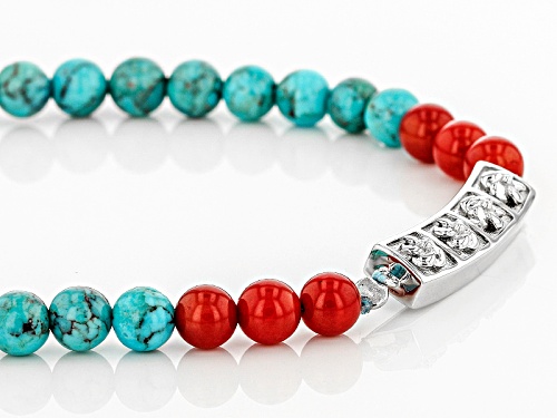 Southwest Style By Jtv™ 6mm Round Turquoise And Red Sponge Coral Bead Sterling Silver Necklace - Size 16