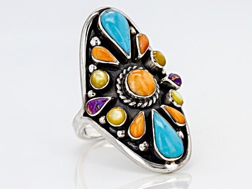 Southwest Style By Jtv™ Turquoise, Mother Of Pearl, And Spiny Oyster Shell Sterling Silver Ring - Size 5