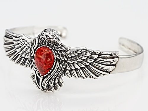 Southwest Style by JTV™ pear shape cabochon coral sterling silver eagle bracelet - Size 8