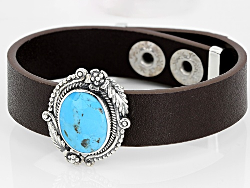 Southwest Style by JTV™ 16x12mm oval cabochon turquoise sterling silver and faux leather bracelet
