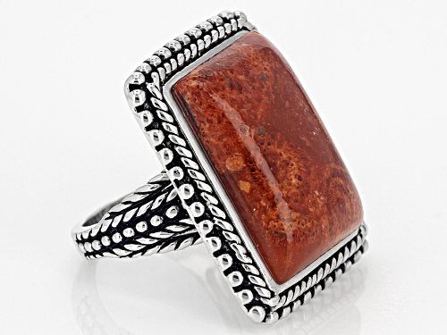 Southwest Style by JTV™ rectangle cabochon red sponge coral rhodium over sterling silver ring - Size 6