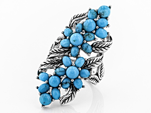 Southwest Style by JTV™ 4mm round & 4x3mm oval Kingman turquoise rhodium over silver floral ring - Size 5