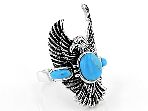 Southwest Style by JTV™ 8x6mm and 6x2mm oval cabochon turquoise sterling silver eagle ring - Size 5