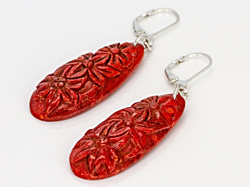 Southwest Style by JTV™ 31x15mm pear shape  carved Indonesian red sponge coral silver earrings