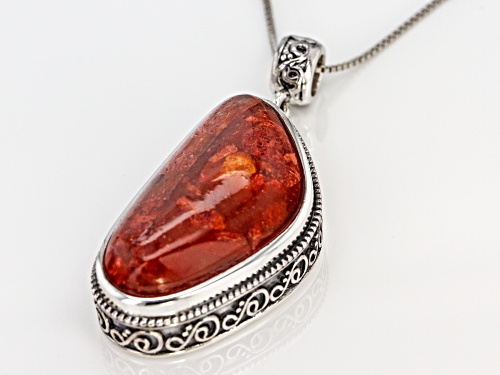 Southwest Style By JTV™ Custom Shape Red Coral Silver Pendant With Chain