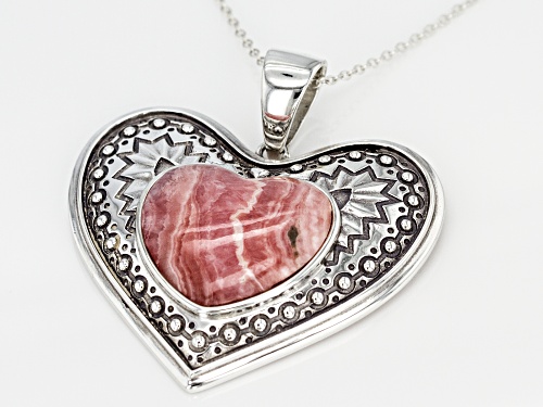 Southwest Style By JTV™ 18x20mm Heart Shape Pink Rhodochrosite Sterling Silver Pendant With Chain.