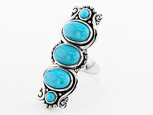 Southwest Style By JTV™ 12x8mm Oval And 4mm Round Kingman Turquoise Rhodium Over Silver Ring - Size 6
