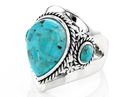 Southwest Style By JTV™ 16x12mm Pear Shape and 5x3mm Oval Turquoise Sterling Silver Ring. - Size 8