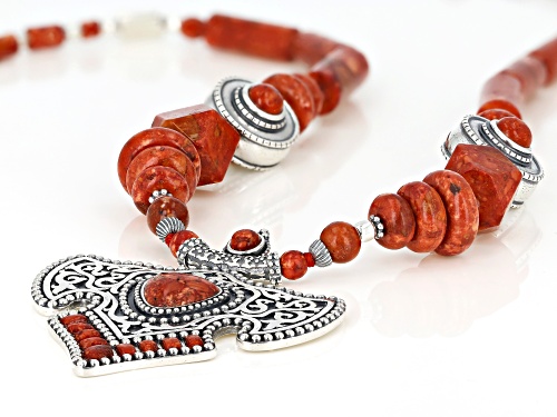 Southwest Style By JTV™ Mixed Shape Red Sponge Coral Rhodium Over Sterling Silver Bead Necklace - Size 18