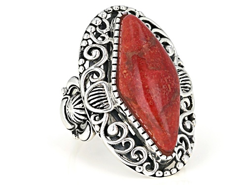 Southwest Style By JTV™ 27x11mm Lozenge Shape Red Sponge Coral Rhodium Over Sterling Silver Ring - Size 6