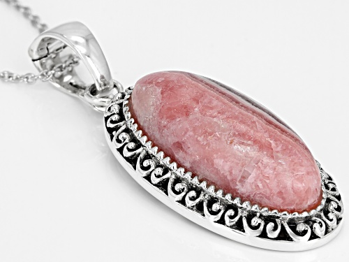 Southwest Style™ 30x12mm Oval Rhodochrosite Cabochon Rhodium Over Silver Enhancer With Chain