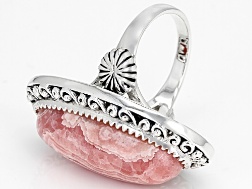 Southwest Style™ 28x12mm Oval Rhodochrosite Cabochon Rhodium Over Silver Solitaire Ring - Size 5