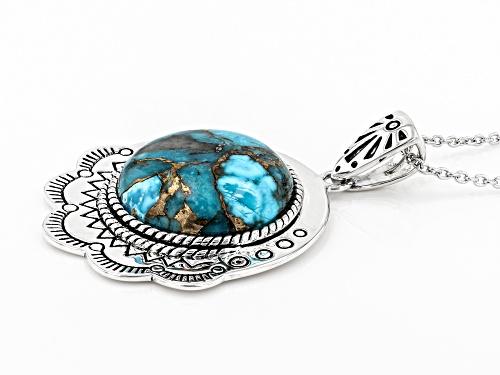 Southwest Style By JTV™ 20mm Round Kingman Turquoise Rhodium Over Silver Pendant with Chain