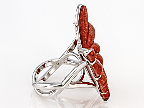 Southwest Style By JTV™ 28mm Custom Carved Red Sponge Coral Rhodium Over Silver Butterfly Ring - Size 7