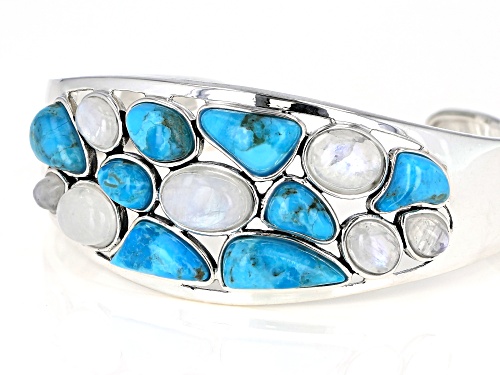 Southwest Style By JTV™ Mixed Shapes Rainbow Moonstone & Turquoise Rhodium Over Silver Cuff Bracelet - Size 7.5