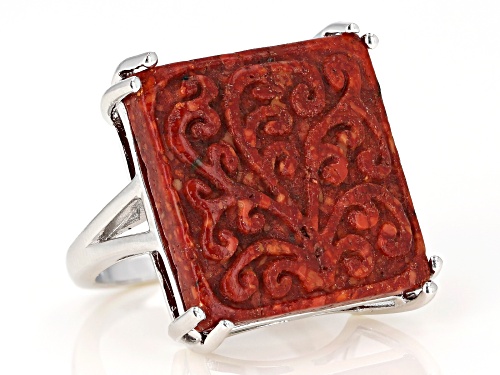 Southwest Style By JTV™ 20x20mm Square Carved Red Sponge Coral Solitaire Rhodium Over Silver Ring - Size 8