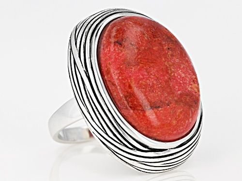 Southwest Style By JTV™ 23.5x18.5mm Custom Shape Red Sponge Coral Rhodium Over Silver Ring - Size 7