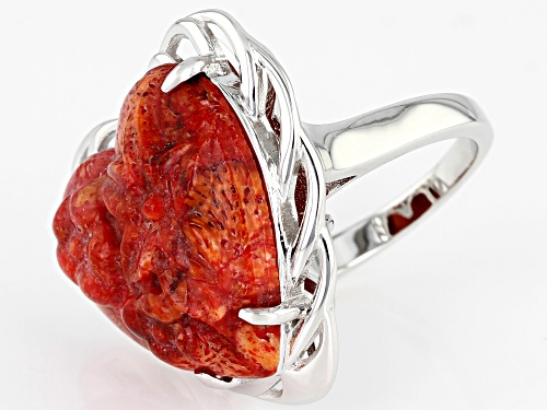 Southwest Style By JTV™ Carved Heart Red Sponge Coral Rhodium Over Silver Ring - Size 6