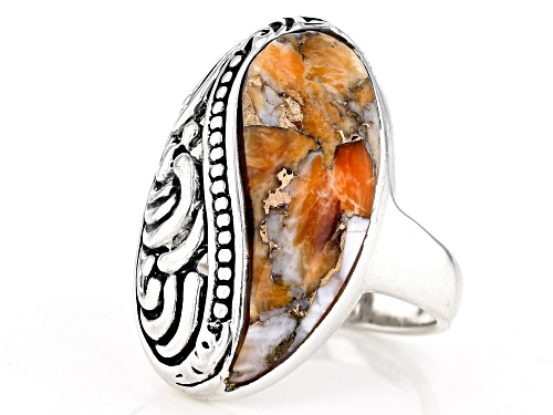 Southwest Style By JTV™ 25x7mm Custom Spiny Oyster Shell Solitaire Rhodium Over Silver Filigree Ring - Size 8