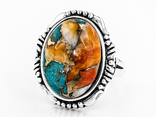 Southwest Style By JTV™ Blended Kingman Turquoise & Spiny Oyster Shell Rhodium Over Silver Ring - Size 11