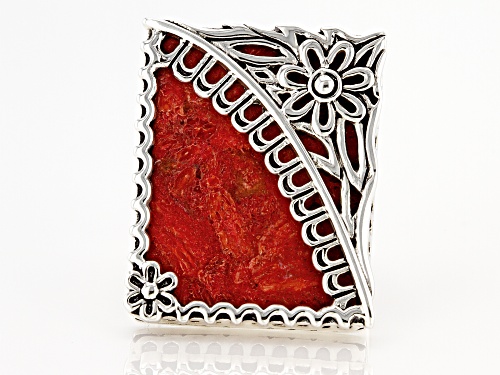 Southwest Style By JTV™ 23x18mm Red Sponge Coral Rhodium Over Sterling Silver Floral Ring - Size 9