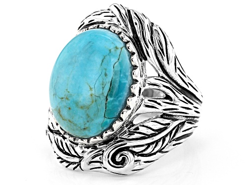 Southwest Style Of JTV™ 16x12mm Oval Turquoise Cabochon Rhodium Over Silver Solitaire Ring - Size 8