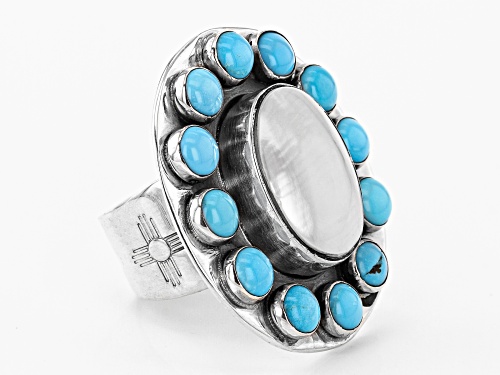 Southwest Style By JTV™ 5mm Round Sleeping Beauty Turquoise And 18x13mm Oval Shell Silver Ring - Size 7