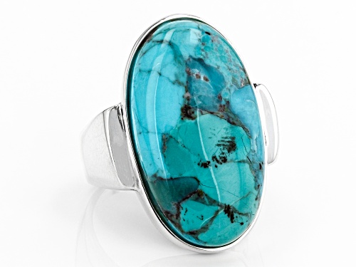 Southwest Style of JTV™ 25x15mm Oval Turquoise Rhodium Over Sterling Silver Solitaire Ring - Size 7