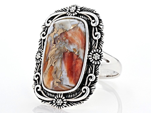 Southwest Style By JTV™ 20x12mm Rectangular Cushion Spiny Oyster Shell Rhodium Over Silver Ring - Size 11