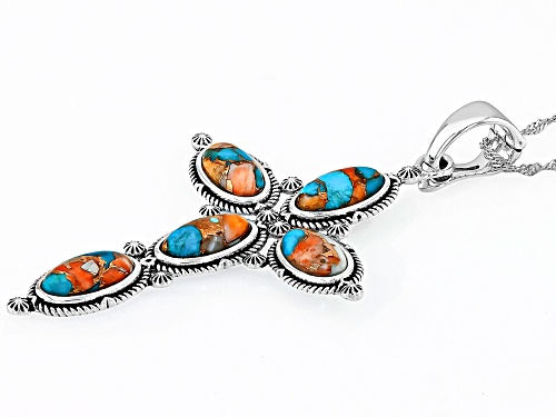 Southwest Style By JTV™ 12x6mm Spiny Oyster With Turquoise Sterling Silver Cross Enhancer With Chain