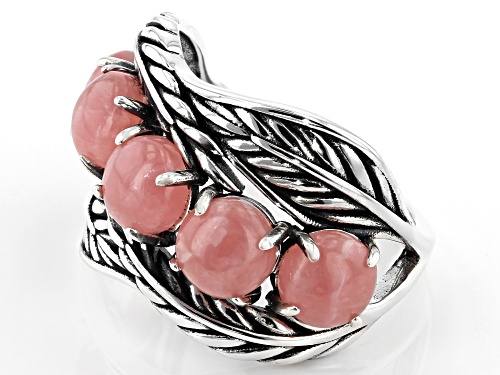 Southwest Style By JTV™ 6mm Round Rhodochrosite Cabochon Rhodium Over Silver Feather Ring - Size 8